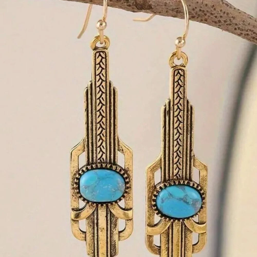 2/$30🌵 Gold Turquoise Stone Art Deco Earrings Vintage Style Gatsby Jewelry NEW